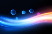 Abstract cosmic background with glowing blue spheres floating above luminous curved wave combining blue and pink light streaks against dark space.