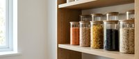Organized kitchen pantry shelves with glass storage containers filled with dried grains, legumes, and cereals for food organization and meal preparation.