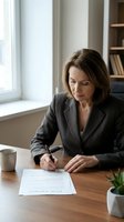 Professional middle-aged Caucasian businesswoman in gray suit signing contract documents at wooden desk in modern office with natural window light.