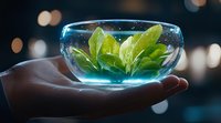 Green leaves floating in round glass bowl with blue glowing water held in hand against dark background with bokeh lights, creating magical atmosphere.