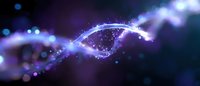 Abstract glowing wave with sparkles and light particles flowing on dark purple background, creating magical energy stream effect for technology designs.