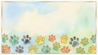 Watercolor paw prints in multiple colors arranged in rows against soft sky background, suitable for pet-related designs, animal lovers' projects, and veterinary marketing materials.