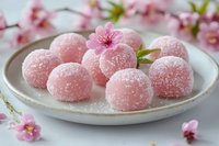 Pink sugar-coated mochi balls garnished with cherry blossom on white plate surrounded by spring flowers for dessert presentation and culinary photography.