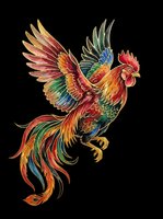 Colorful rooster in flight with ornate feathers, isolated on transparent background. Great for t-shirt design, stickers, print on demand, clipart, and sublimation.