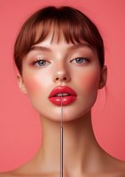 Young woman with bright red lipstick and natural makeup on coral background. Metal cosmetic tool touches glossy lips. Professional beauty portrait with clean skin and blue eyes.