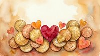 Watercolor pile of golden coins and colorful hearts on warm beige background with copy space for Valentine or finance design.
