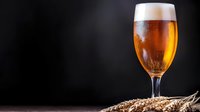 Cold glass of light beer with foam head and fresh barley ears on rustic wooden table against dark background, golden drink with condensation drops.
