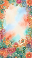 Colorful ornamental floral border frame with watercolor center space. Decorative swirls, flowers, and leaves in vibrant orange, teal, pink, and gold tones. Isolated design element ready for invitations, cards, posters, and social media graphics.