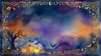 Halloween night sky background with ornate golden border, glowing pumpkins, bare tree silhouette and flying bats for seasonal greeting cards and decorations.