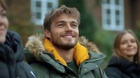 Young Caucasian man with beard wearing green winter parka with fur hood trim and yellow inner layer smiles outdoors during cold weather season.