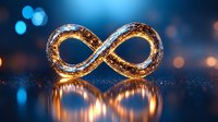 Glowing golden infinity symbol with sparkling particles on reflective surface against blue bokeh background for luxury branding and eternal concepts.