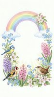 Watercolor spring frame with rainbow, birds and flowers on white background. Decorative border with goldfinch, wren, hyacinth blooms for greeting cards.