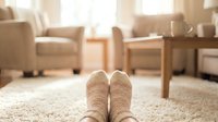 Cozy feet in warm knitted socks relaxing on soft carpet in bright living room with comfortable furniture and natural sunlight streaming through windows.