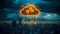 Glowing digital cloud rains binary code over night cityscape, symbolizing cloud computing and data transfer in modern technology infrastructure. Futuristic concept.