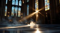 Dramatic sunbeam piercing through stained glass windows in gothic cathedral interior, creating mystical light rays and atmospheric fog on marble floor.