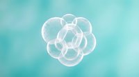 Abstract molecular structure with transparent spheres on turquoise gradient background for scientific research and biotechnology presentations.