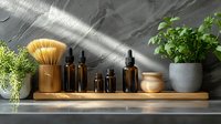 Natural skincare products with amber glass bottles and wooden accessories arranged on bathroom shelf with green plants for organic beauty routine.