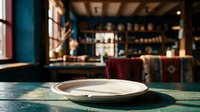 Empty ceramic plate on teal table in modern loft kitchen with industrial shelving, warm lighting, and vintage furniture for dining and restaurant design projects.