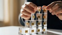 Professional businessman building pyramid structure with transparent cubes featuring golden dollar symbols representing financial growth and investment strategy.