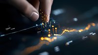 Financial chart with glowing golden line trend showing market growth, finger touching interactive display with sparkles and particles on dark background.