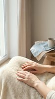 Woman hands touching soft beige knitted fabric texture in cozy home interior with natural window light and neutral decor elements.