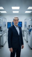 Middle-aged Caucasian male engineer or tech professional wearing dark blazer and safety headgear in modern laboratory or manufacturing facility with advanced equipment and digital displays.