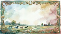 Horses galloping across pastoral landscape with ornate vintage frame border, watercolor style countryside scene with rolling hills and trees.