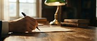 Adult male hand writing with pen on paper at wooden desk with lamp and books, suitable for education, business, and creative work concepts.