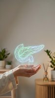 Holographic green light projection floating above open palm in modern home interior with plants and warm lighting for technology concepts.