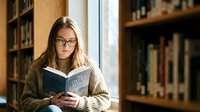 Young woman with glasses reading book in cozy library setting with warm natural lighting and wooden bookshelves in background for education concepts.