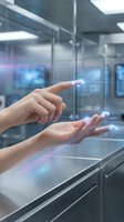 Hands with glowing fingertips interacting with futuristic holographic interface in a high-tech laboratory environment.
