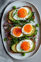 Avocado toast with sunny side up eggs, microgreens, sliced radish and black sesame seeds on rustic bread, served on ceramic plate. Fresh breakfast setup.