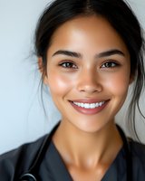 Young Hispanic female healthcare professional smiling warmly at camera wearing medical scrubs with stethoscope for medical and wellness concepts.