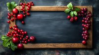 Fresh red currants and cherries arranged around rustic wooden frame on dark chalkboard background, creating natural border for menu or recipe text.