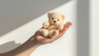 Gentle hand holding small beige teddy bear in soft natural sunlight against white wall, creating diagonal shadow pattern. Minimalist composition for childhood themes.