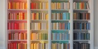 Books arranged by color in rainbow spectrum on white built-in bookshelf, creating gradient effect from red through orange, yellow, green to blue. Modern library interior design.