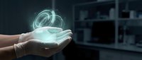 Scientist hand in latex glove holding glowing digital globe hologram above tablet device in modern laboratory setting for technology and innovation concepts.