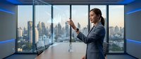 Professional businesswoman in suit presenting financial data on transparent screen in modern office with city skyline view during evening hours.