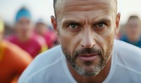 Intense close-up portrait of athletic middle-aged Caucasian man with gray beard and determined expression against blurred crowd background, suitable for sports and fitness marketing.