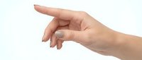 Female hand with neutral nail polish making pinching gesture on white background isolated for design projects.