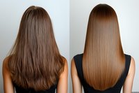 Before and after hair treatment comparison showing transformation from frizzy, unmanaged brown hair to smooth, straight, glossy brunette result, demonstrating professional styling effect.