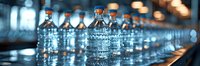 Row of plastic water bottles on production line with blue caps against blurred industrial background, perfect for beverage industry or manufacturing concepts.