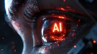 Futuristic close-up of glowing red eye with AI symbol reflection, depicting artificial intelligence and technological advancement in cybernetic vision concept.