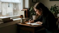 Young woman writing in journal at wooden desk by window with coffee cup and books in cozy home office setting for productivity and mindfulness concepts.