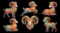 Colorful ornamental ram and goat figures with intricate decorative patterns in warm tones. Isolated on transparent background, ready for t-shirts, clipart, stickers, and print-on-demand designs.