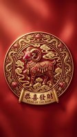 Golden ram zodiac medallion on red silk background for Chinese New Year celebration with traditional ornate patterns and prosperity wishes.