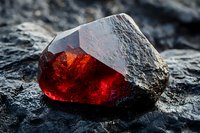 Raw red garnet crystal on dark stone background showing natural mineral formation with vibrant translucent color and rough crystalline structure.