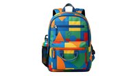 Colorful geometric patterned backpack with orange, blue, yellow and green shapes, featuring multiple compartments and padded straps for school or travel use.