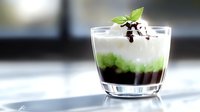 Layered green and white dessert in glass with mint garnish and chocolate drizzle on bright surface for culinary presentation and food styling.
