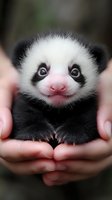 Adorable baby panda cub with bright eyes and pink nose held gently in caring hands, showing vulnerable and innocent expression against soft blurred background.